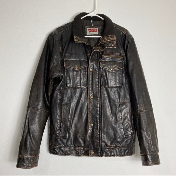 Levi’s Faux Leather Distressed Brown Bomber Jacket M